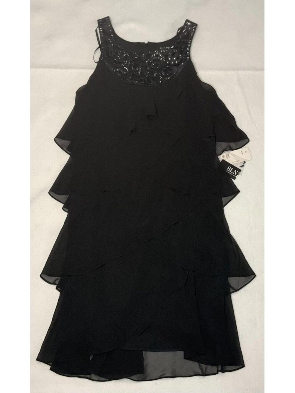 SLNY Black Sleeveless Ruffle Dress – Beaded Neckline – Size 12